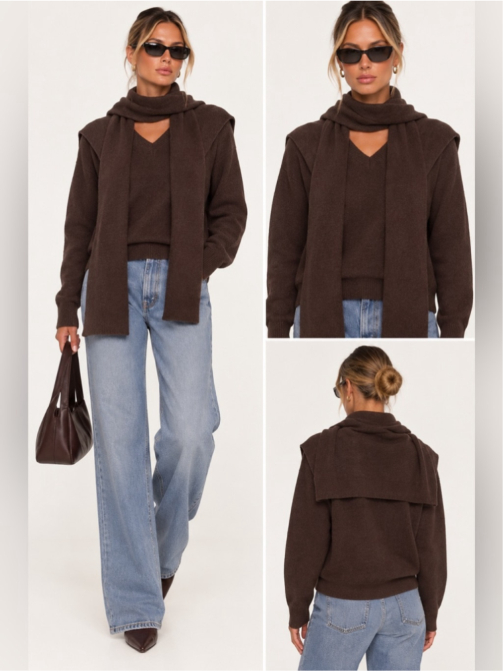 Brown V-Neck Knit Jacket & Scarf Set - Women
